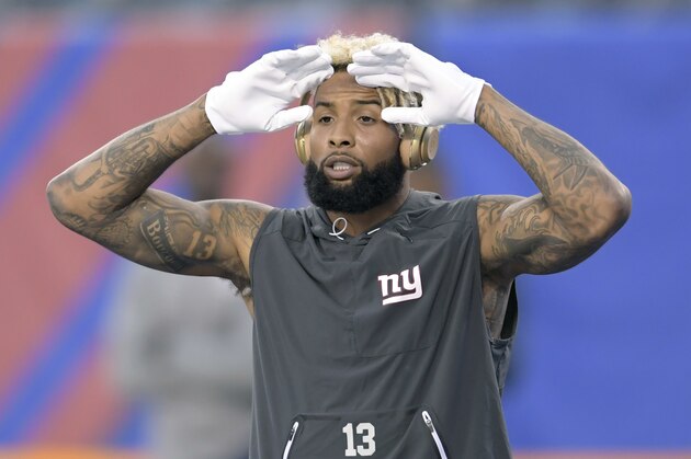New York Giants wide receiver Odell Beckham gestures before an NFL football game against the Detroit Lions Monday, Sept. 18, 2017, in East Rutherford, N.J. (AP Photo/Bill Kostroun)