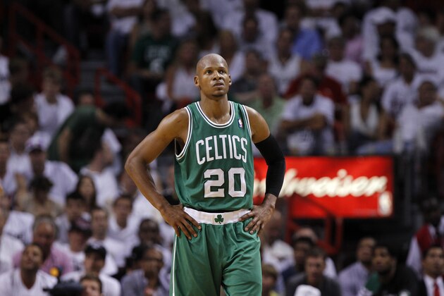Boston Celtics' Ray Allen (20) during the second half of Game 5 in their NBA basketball Eastern Conference finals playoffs series against the Miami Heat, Tuesday, June 5, 2012, in Miami. (AP Photo/Lynne Sladky)