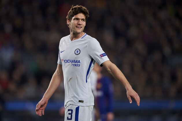 BARCELONA, SPAIN - MARCH 14:  Marcos Alonso of Chelsea FC reacts during the UEFA Champions League Round of 16 Second Leg match between FC Barcelona and Chelsea FC at Camp Nou on March 14, 2018 in Barcelona, Spain.  (Photo by Manuel Queimadelos Alonso/Getty Images)