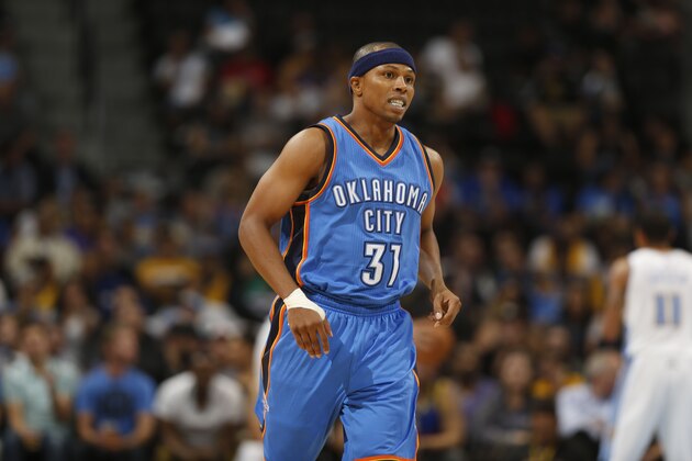 Oklahoma City Thunder guard Sebastian Telfair runs court against the Denver Nuggets in the fourth quarter of the Nuggets' 114-101 victory in an NBA exhibition basketball game in Denver on Wednesday, Oct. 8, 2014. (AP Photo/David Zalubowski)