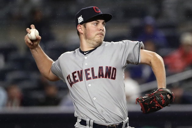 Cleveland Indians pitcher Trevor Bauer delivers against the New York Yankees during the first inning in Game 4 of baseball's American League Division Series, Monday, Oct. 9, 2017, in New York. (AP Photo/Frank Franklin II)