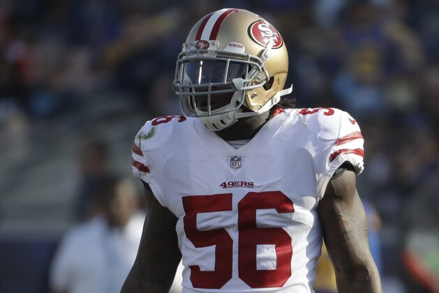 San Francisco 49ers outside linebacker Reuben Foster (56) against the Los Angeles Rams during the first half of an NFL football game Sunday, Dec. 31, 2017, in Los Angeles. (AP Photo/Rick Scuteri)