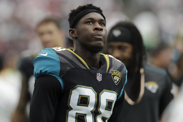 HOUSTON, TX - SEPTEMBER 10:  Allen Hurns #88 of the Jacksonville Jaguars watches from the sideline in the third quarter against the Houston Texans at NRG Stadium on September 10, 2017 in Houston, Texas.  (Photo by Tim Warner/Getty Images)