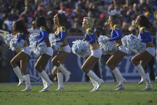 Los Angeles Rams cheerleaders perform during the first half of an NFL football game against the San Francisco 49ers Sunday, Dec. 31, 2017, in Los Angeles. (AP Photo/Mark J. Terrill)