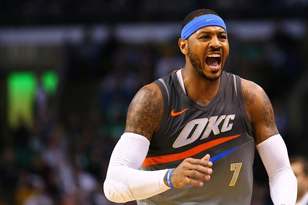 BOSTON, MA - MARCH 20:  Carmelo Anthony #7 of the Oklahoma City Thunder reacts during a game against the Boston Celtics at TD Garden on March 20, 2018 in Boston, Massachusetts. NOTE TO USER: User expressly acknowledges and agrees that, by downloading and or using this photograph, User is consenting to the terms and conditions of the Getty Images License Agreement. (Photo by Adam Glanzman/Getty Images)