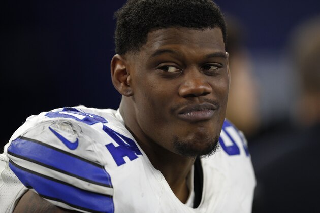 Dallas Cowboys' Randy Gregory sits on the sideline during an NFL football game against the Detroit Lions on Monday, Dec. 26, 2016, in Arlington, Texas. (AP Photo/Brandon Wade)