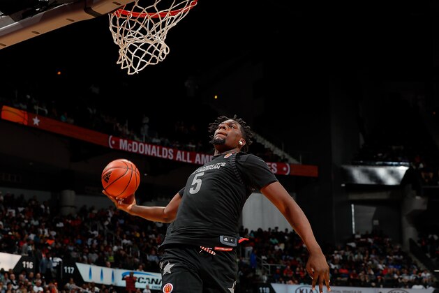 ATLANTA, GA - MARCH 28:  Nazreon Reid #5 of Roselle Catholic High School attempts a dunk during the 2018 McDonald's All American Game at Philips Arena on March 28, 2018 in Atlanta, Georgia.  (Photo by Kevin C. Cox/Getty Images)