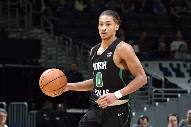 WASHINGTON, DC - DECEMBER 20:  Ryan Woolridge #0 of the North Texas Mean Green dribbles up court during a college basketball game against the Georgetown Hoyas at the Capitol One Arena on December 20, 2017 in Washington, DC.  The Hoyas won 75-63.  (Photo by Mitchell Layton/Getty Images)
