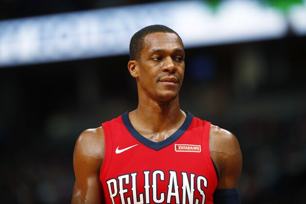 New Orleans Pelicans guard Rajon Rondo (9) in the second half of an NBA basketball game Friday, Dec. 15, 2017, in Denver. The Nuggets won 117-111 in overtime. (AP Photo/David Zalubowski)