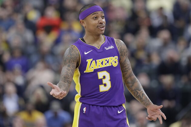 Los Angeles Lakers' Isaiah Thomas argues a call during the first half of an NBA basketball game against the Indiana Pacers, Monday, March 19, 2018, in Indianapolis. (AP Photo/Darron Cummings)