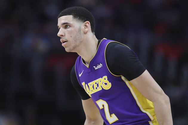 Los Angeles Lakers guard Lonzo Ball is seen during the second half of an NBA basketball game against the Detroit Pistons, Monday, March 26, 2018, in Detroit. (AP Photo/Carlos Osorio)
