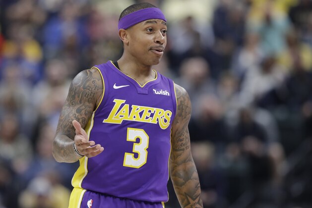 Los Angeles Lakers' Isaiah Thomas argues a call during the first half of an NBA basketball game against the Indiana Pacers, Monday, March 19, 2018, in Indianapolis. (AP Photo/Darron Cummings)