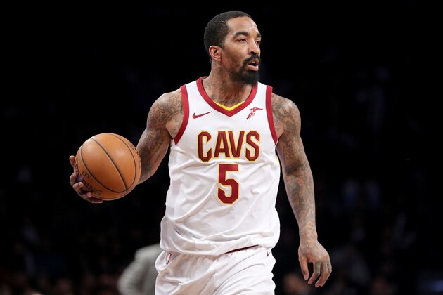 NEW YORK, NY - MARCH 25: JR Smith #5 of the Cleveland Cavaliers dribbles down the court in the third period against the Brooklyn Nets during their game at Barclays Center on March 25, 2018 in the Brooklyn borough of New York City. NOTE TO USER: User expressly acknowledges and agrees that, by downloading and or using this photograph, User is consenting to the terms and conditions of the Getty Images License Agreement.  (Photo by Abbie Parr/Getty Images)