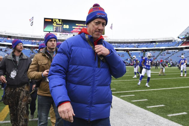 NFL Hall of Fame member and former Buffalo Bills quarterback Jim Kelly walks on the field prior to an NFL football game between the Buffalo Bills and the Miami Dolphins Sunday, December 17, 2017, in Orchard Park, N.Y. (AP Photo/Rich Barnes)