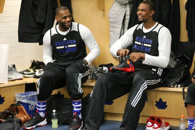 TORONTO, CANADA - FEBRUARY 13:  LeBron James #23 of the Eastern Conference and Chris Bosh #1 of the Eastern Conference sit in the locker room during the NBA All-Star Practice as part of 2016 All-Star Weekend at the Ricoh Coliseum on February 13, 2016 in Toronto, Ontario, Canada. NOTE TO USER: User expressly acknowledges and agrees that, by downloading and/or using this photograph, user is consenting to the terms and conditions of the Getty Images License Agreement.  Mandatory Copyright Notice: Copyright 2016 NBAE (Photo by Bruce Yeung/NBAE via Getty Images)