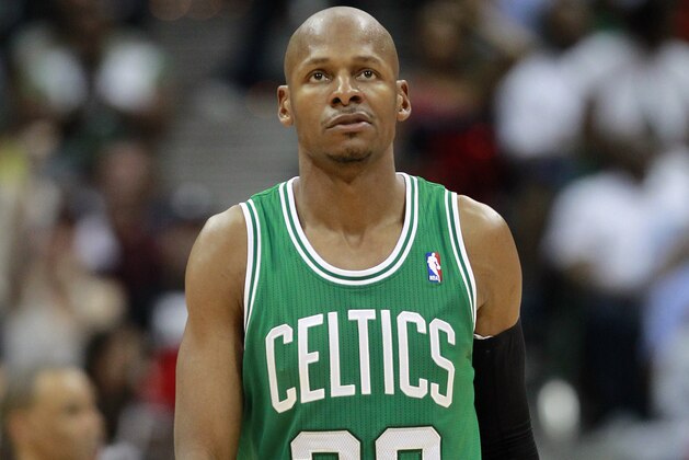 Boston Celtics shooting guard Ray Allen (20) is shown against the Atlanta Hawks in Game 5 of an NBA first-round playoff series basketball game Tuesday, May 8, 2012, in Atlanta. (AP Photo/John Bazemore)