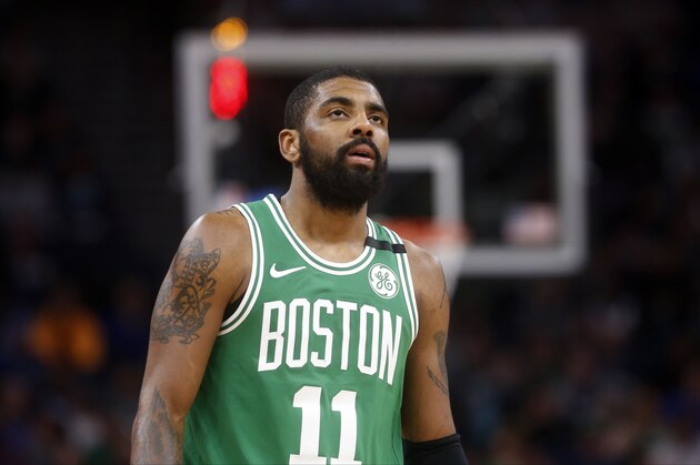 Boston Celtics's Kyrie Irving plays against the Minnesota Timberwolves in an NBA basketball game Thursday, March 8, 2018, in St. Paul, Minn. (AP Photo/Jim Mone)