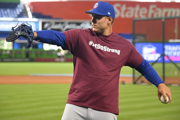 MIAMI, FL - MARCH 29: Anthony Rizzo #44 of the Chicago Cubs wears a MSDStrong shirt during warmups in honor of Stoneman Douglas High School before Opening Day against the Miami Marlins at Marlins Park on March 29, 2018 in Miami, Florida. (Photo by Mark Brown/Getty Images)