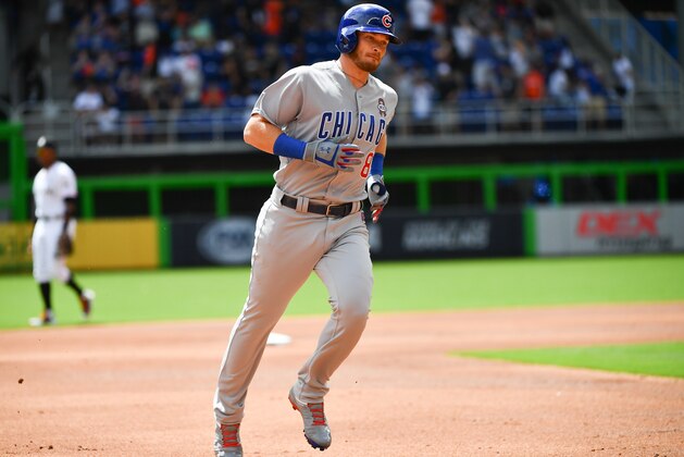 MIAMI, FL - MARCH 29:  Ian Happ #8 of the Chicago Cubs rounds the bases after hitting a lead off home run off the first pitch in first inning during Opening Day against the Miami Marlins at Marlins Park on March 29, 2018 in Miami, Florida. (Photo by Mark Brown/Getty Images)
