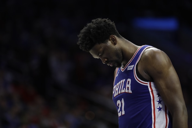 Philadelphia 76ers' Joel Embiid in action during an NBA basketball game against the Denver Nuggets, Monday, March 26, 2018, in Philadelphia. (AP Photo/Matt Slocum)