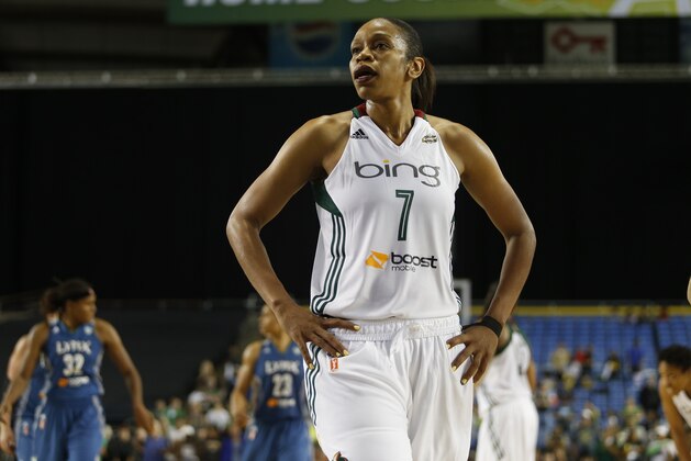 Seattle Storm's Tina Thompson walks on the court against the Minnesota Lynx during the second half of an WNBA basketball playoff game in Tacoma, Wash. on Sunday, Sept. 22, 2013. (Photo/John Froschauer)