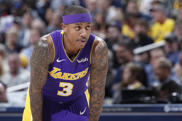INDIANAPOLIS, IN - MARCH 19: Isaiah Thomas #3 of the Los Angeles Lakers looks on against the Indiana Pacers during a game at Bankers Life Fieldhouse on March 19, 2018 in Indianapolis, Indiana. The Pacers won 110-100. NOTE TO USER: User expressly acknowledges and agrees that, by downloading and or using the photograph, User is consenting to the terms and conditions of the Getty Images License Agreement. (Photo by Joe Robbins/Getty Images) *** Local Caption *** Isaiah Thomas