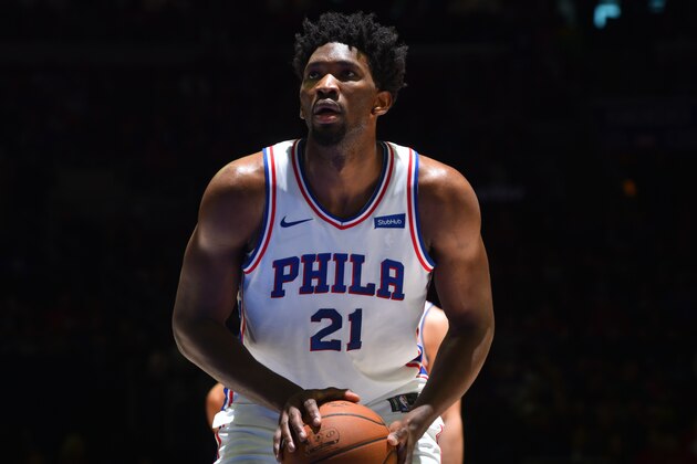 PHILADELPHIA,PA -  MARCH 24 : Joel Embiid #21 of the Philadelphia 76ers shoots a foul shot against the Minnesota Timberwolves at Wells Fargo Center on March 24, 2018 in Philadelphia, Pennsylvania NOTE TO USER: User expressly acknowledges and agrees that, by downloading and/or using this Photograph, user is consenting to the terms and conditions of the Getty Images License Agreement. Mandatory Copyright Notice: Copyright 2018 NBAE (Photo by Jesse D. Garrabrant/NBAE via Getty Images)