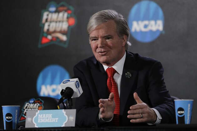 NCAA President Mark Emmert speaks during a news conference at the Final Four NCAA college basketball tournament, Thursday, March 29, 2018, in San Antonio. (AP Photo/David J. Phillip)