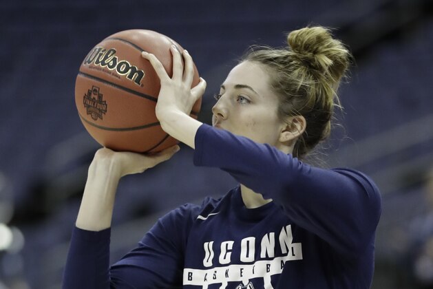 Connecticut's Katie Lou Samuelson shoots during a practice session for the women's NCAA Final Four college basketball tournament, Thursday, March 29, 2018, in Columbus, Ohio. UConn plays Notre Dame on Friday. (AP Photo/Ron Schwane)
