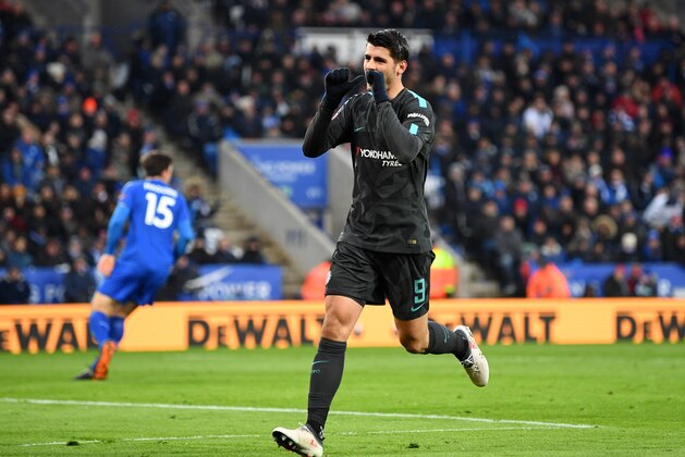 LEICESTER, ENGLAND - MARCH 18:  Alvaro Morata of Chelsea celebrates as he scores their first goal during The Emirates FA Cup Quarter Final match between Leicester City and Chelsea at The King Power Stadium on March 18, 2018 in Leicester, England.  (Photo by Michael Regan/Getty Images)