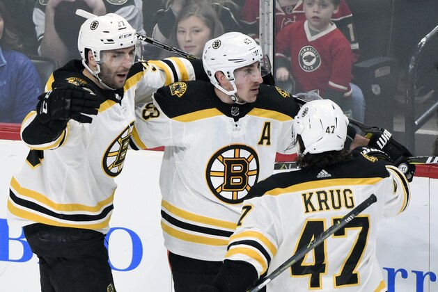 Boston Bruins' Patrice Bergeron (37), Brad Marchand (63) and Torey Krug (47) celebrate a goal by Marchand against the Minnesota Wild during the overtime period of an NHL hockey game Sunday, March 25, 2018, in St. Paul, Minn. The Bruins won 2-1 in overtime. (AP Photo/Hannah Foslien)