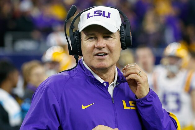 FILE - In this Dec. 29, 2015, file photo, LSU head coach Les Miles prepares to play Texas Tech at the Texas Bowl NCAA football game, in Houston. (AP Photo/Bob Levey, File)