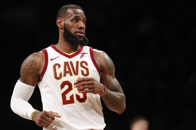 Cleveland Cavaliers forward LeBron James (23) during the first half of an NBA basketball game against the Brooklyn Nets, Sunday, March 25, 2018, in New York. (AP Photo/Kathy Willens)