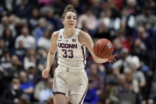 Connecticut's Katie Lou Samuelson during the first half of an NCAA college basketball game in the American Athletic Conference tournament quarterfinals at Mohegan Sun Arena, March 4, 2018, in Uncasville, Conn. (AP Photo/Jessica Hill)