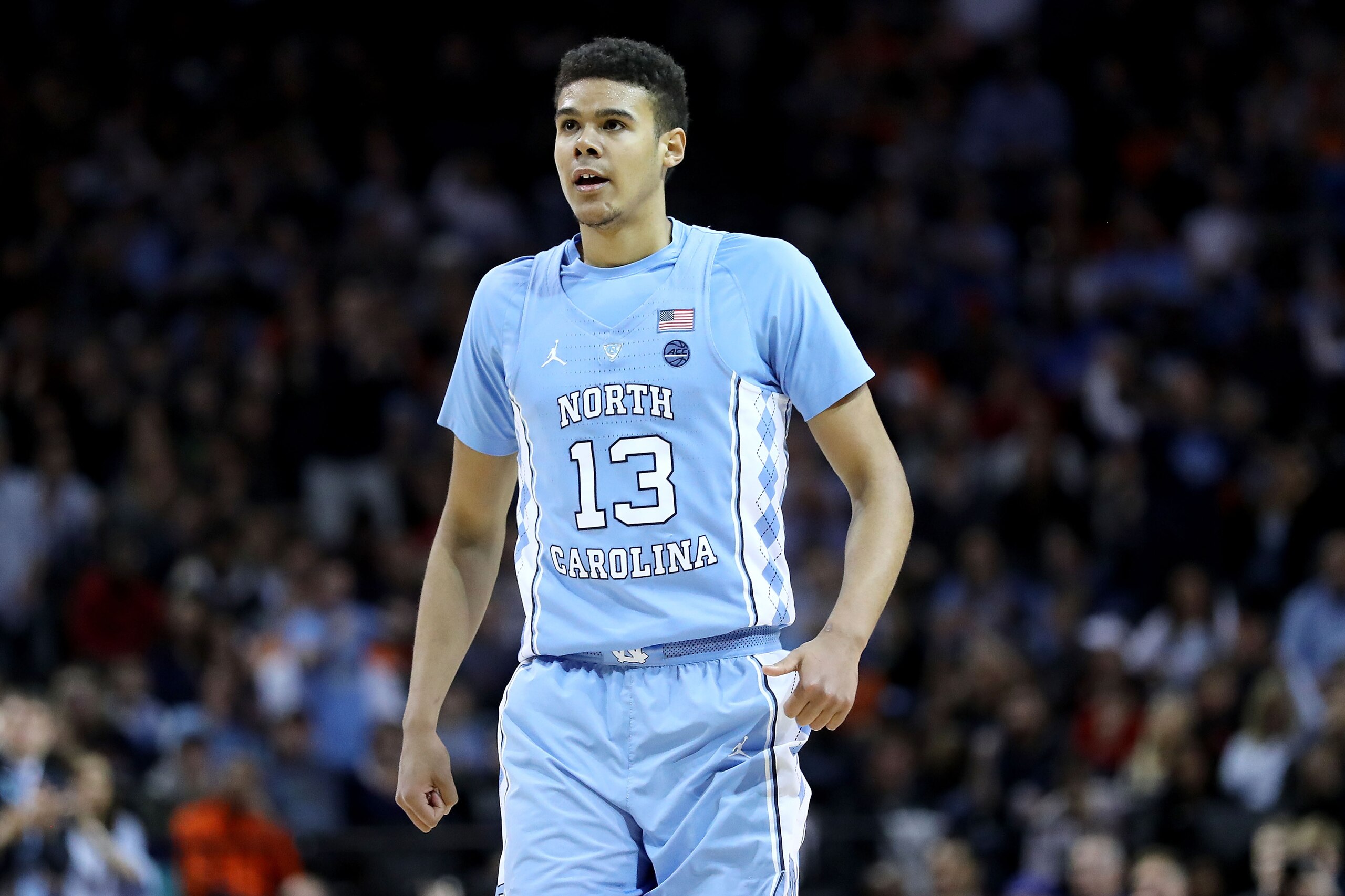NEW YORK, NY - MARCH 10:  (EDITORS NOTE: Retransmission with alternate crop) Cameron Johnson #13 of the North Carolina Tar Heels looks down the court in the first half against the Virginia Cavaliers during the championship game of the 2018 ACC Men's Basketball Tournament at Barclays Center on March 10, 2018 in the Brooklyn borough of New York City.  (Photo by Abbie Parr/Getty Images)