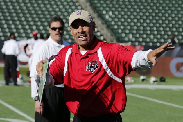 Coaches Herm Edwards talks with his players during the NFLPA Collegiate Bowl American team practice on Friday, Jan. 18, 2013 in Carson, Calif. (Ric Tapia/AP Images for NFLPA)