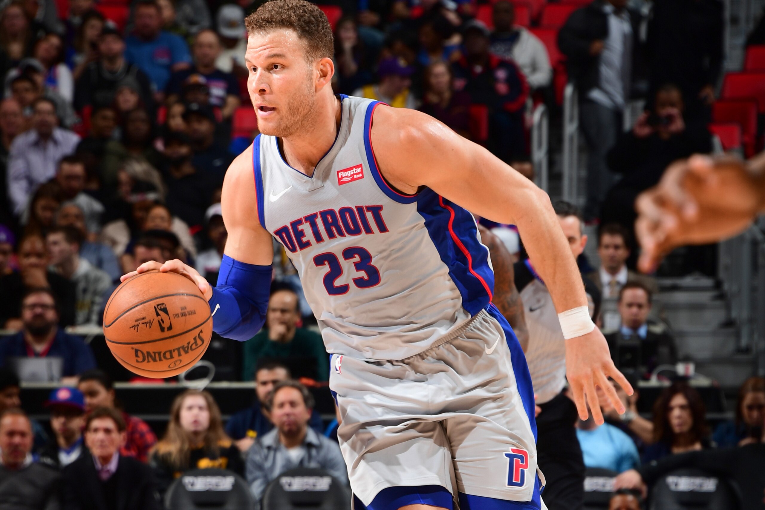 DETROIT, MI - MARCH 26: Blake Griffin #23 of the Detroit Pistons handles the ball against the Los Angeles Lakers on March 26, 2018 at Little Caesars Arena in Detroit, Michigan. NOTE TO USER: User expressly acknowledges and agrees that, by downloading and/or using this photograph, user is consenting to the terms and conditions of the Getty Images License Agreement. Mandatory Copyright Notice: Copyright 2018 NBAE (Photo by Chris Schwegler/NBAE via Getty Images)