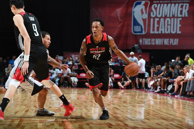 LAS VEGAS, NV - JULY 10:  Tim Quarterman #62 of the Houston Rockets dribbles against the Phoenix Suns on July 10, 2017 at the Thomas & Mack Center in Las Vegas, Nevada. NOTE TO USER: User expressly acknowledges and agrees that, by downloading and or using this Photograph, user is consenting to the terms and conditions of the Getty Images License Agreement. Mandatory Copyright Notice: Copyright 2017 NBAE (Photo by Garrett Ellwood/NBAE via Getty Images)