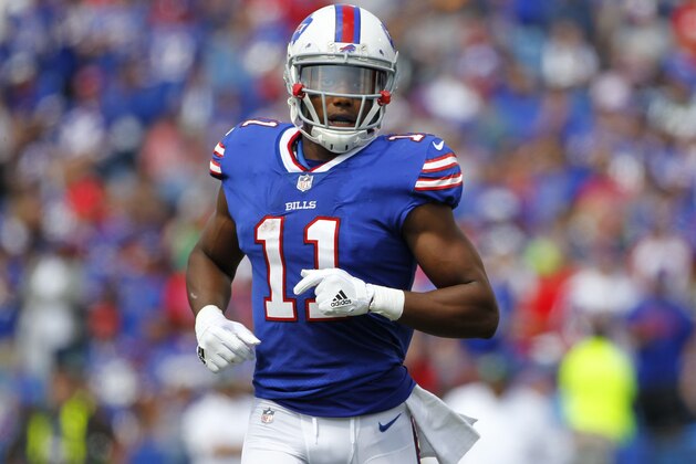 FILE - In this Sept. 10, 2017, file photo, Buffalo Bills' Zay Jones  runs on the field during the first half of the team's NFL football game against the New York Jets in Orchard Park, N.Y. Jones has been arrested in Los Angeles following a naked, bloody argument with his brother, Vikings receiver Cayleb Jones. A police spokesman says the player, whose legal name is Isaiah Avery Jones, was arrested Monday night, March 19, 2018, after officers responded to a disturbance. (AP Photo/Jeffrey T. Barnes, File)