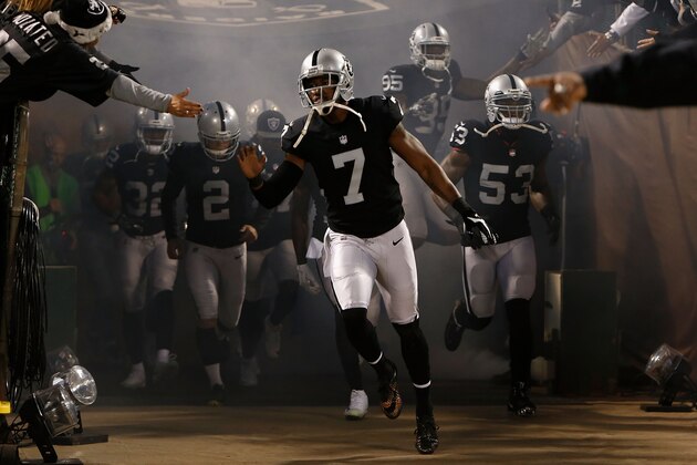 OAKLAND, CA - DECEMBER 17: Punter Marquette King #7 of the Oakland Raiders leads the team onto the field for the game against the Dallas Cowboys at Oakland-Alameda County Coliseum on December 17, 2017 in Oakland, California. (Photo by Lachlan Cunningham/Getty Images)