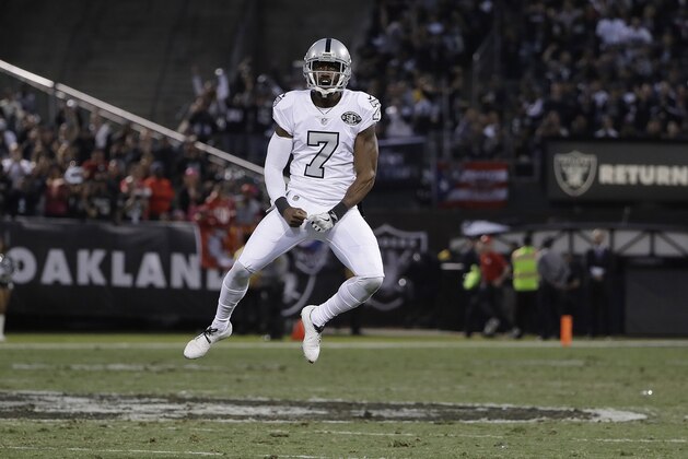 Oakland Raiders punter Marquette King (7) reacts after a punt against the Kansas City Chiefs during the first half of an NFL football game in Oakland, Calif., Thursday, Oct. 19, 2017. (AP Photo/Marcio Jose Sanchez)