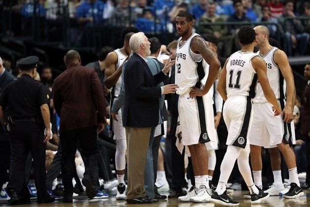 DALLAS, TX - DECEMBER 12:  Head coach Gregg Popovich of the San Antonio Spurs talks with LaMarcus Aldridge #12 during play against the Dallas Mavericks at American Airlines Center on December 12, 2017 in Dallas, Texas.  NOTE TO USER: User expressly acknowledges and agrees that, by downloading and or using this photograph, User is consenting to the terms and conditions of the Getty Images License Agreement.  (Photo by Ronald Martinez/Getty Images)