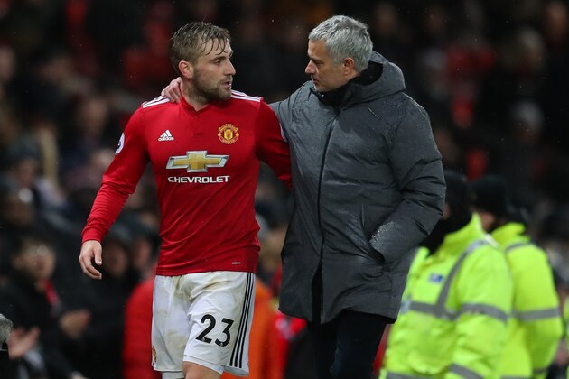 MANCHESTER, ENGLAND - DECEMBER 13: Luke Shaw of Manchester United and Jose Mourinho the head coach / manager of Manchester United during the Premier League match between Manchester United and AFC Bournemouth at Old Trafford on December 13, 2017 in Manchester, England. (Photo by Catherine Ivill/Getty Images)