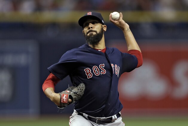 Boston Red Sox starting pitcher David Price delivers to the Tampa Bay Rays during the first inning of a baseball game Friday, March 30, 2018, in St. Petersburg, Fla. (AP Photo/Chris O'Meara)