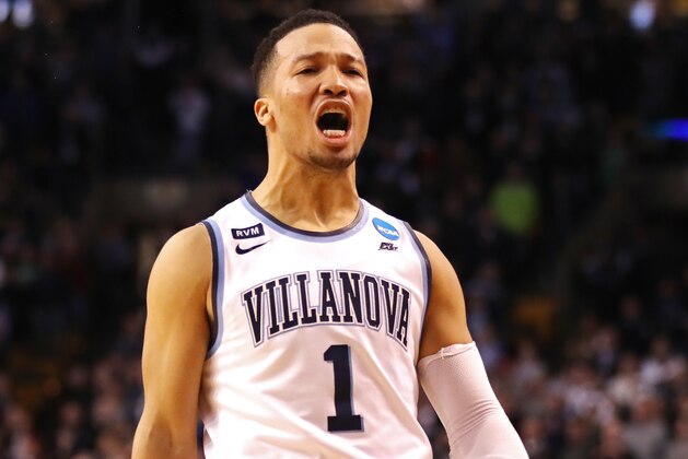BOSTON, MA - MARCH 25:  Jalen Brunson #1 of the Villanova Wildcats celebrates after his team defeated the Texas Tech Red Raiders in the 2018 NCAA Men's Basketball Tournament East Regional at TD Garden on March 25, 2018 in Boston, Massachusetts. The Villanova Wildcats defeated the Texas Tech Red Raiders 71-59.  (Photo by Elsa/Getty Images)