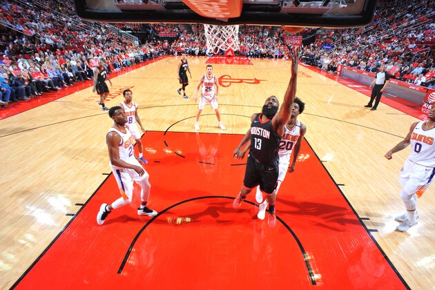 HOUSTON, TX - MARCH 30:  James Harden #13 of the Houston Rockets dunks against the Phoenix Suns on March 30, 2018 at the Toyota Center in Houston, Texas. NOTE TO USER: User expressly acknowledges and agrees that, by downloading and or using this photograph, User is consenting to the terms and conditions of the Getty Images License Agreement. Mandatory Copyright Notice: Copyright 2018 NBAE (Photo by Bill Baptist/NBAE via Getty Images)
