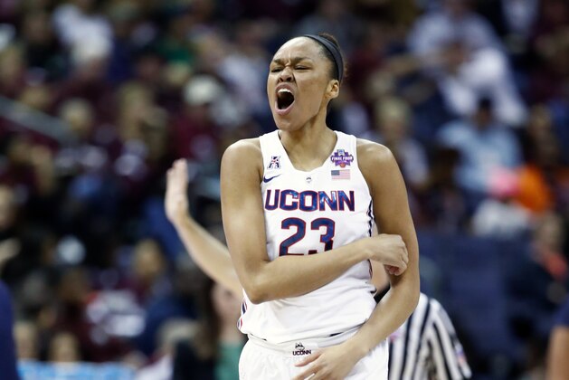 COLUMBUS, OH - MARCH 30:  Azura Stevens #23 of the Connecticut Huskies celebrates against the Notre Dame Fighting Irish during the first half in the semifinals of the 2018 NCAA Women's Final Four at Nationwide Arena on March 30, 2018 in Columbus, Ohio.  (Photo by Andy Lyons/Getty Images)