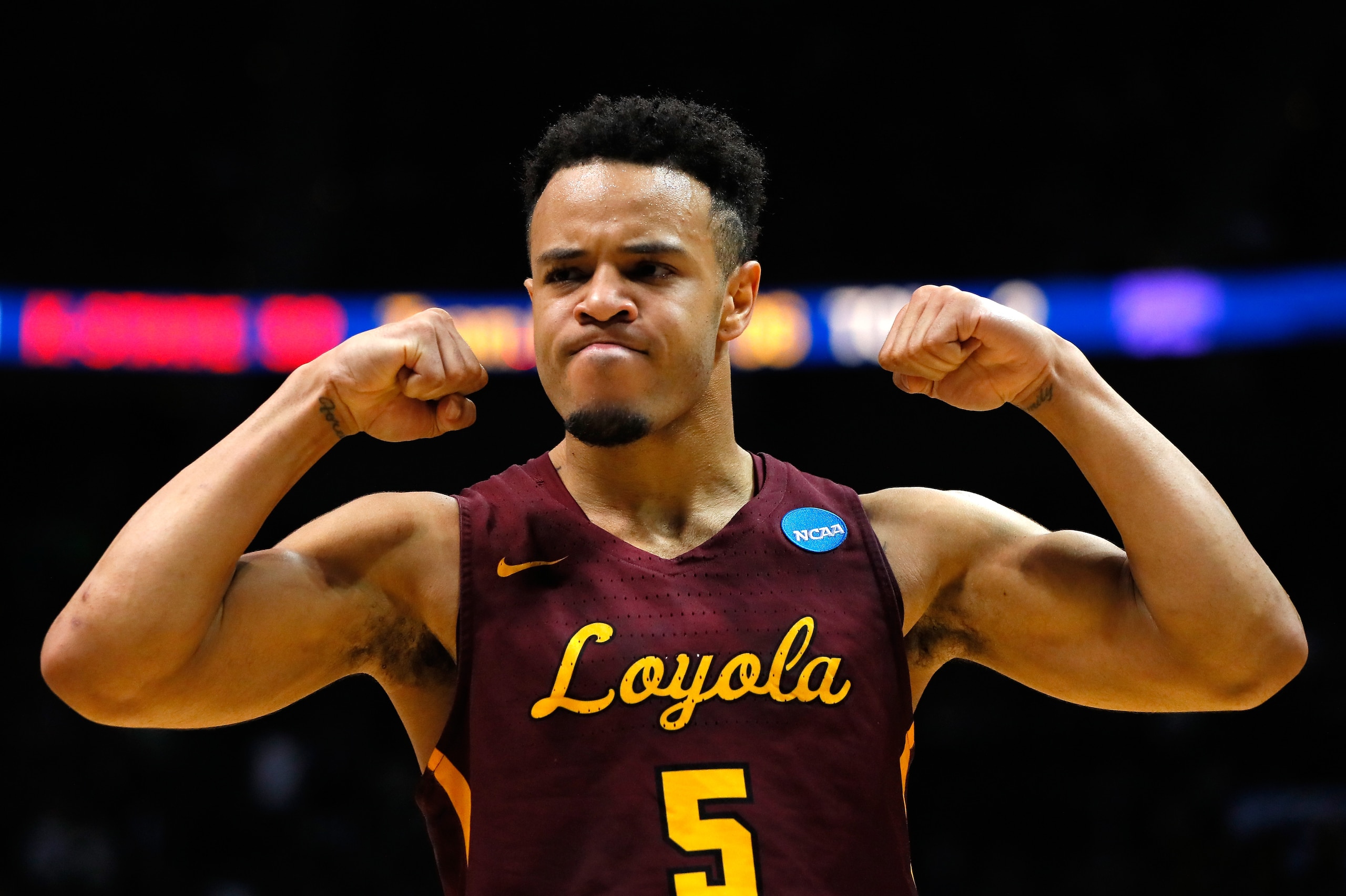 ATLANTA, GA - MARCH 24:  Marques Townes #5 of the Loyola Ramblers reacts after a play late in the second half against the Kansas State Wildcats during the 2018 NCAA Men's Basketball Tournament South Regional at Philips Arena on March 24, 2018 in Atlanta, Georgia.  (Photo by Kevin C. Cox/Getty Images)