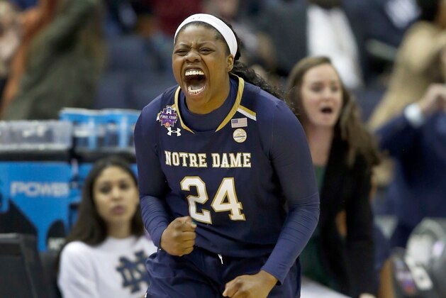 Notre Dame's Arike Ogunbowale (24) celebrates during the second half against Connecticut in the semifinals of the women's NCAA Final Four college basketball tournament, Friday, March 30, 2018, in Columbus, Ohio. (AP Photo/Ron Schwane)
