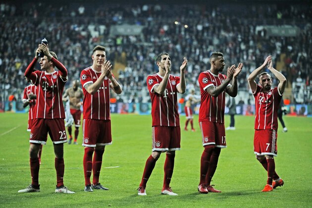 Bayern's players wave to their fans after the Champions League, round of 16, second leg, soccer match between Besiktas and Bayern Munich at Vodafone Arena stadium in Istanbul, Wednesday, March 14, 2018. Bayern won 3-1. (AP Photo/Lefteris Pitarakis)